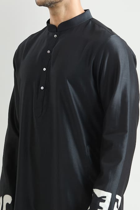 Countrymade_Black Chanderi Embroidery Abstract Placed Kurta Set _at_Aza_Fashions
