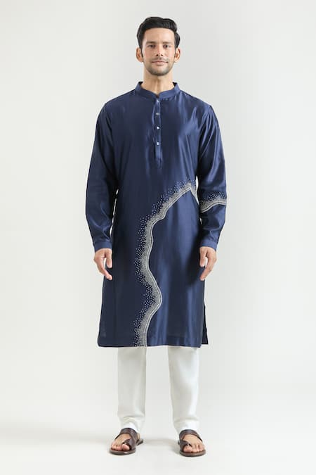 Countrymade_Blue Chanderi Embroidery Hand Kurta Set _Online_at_Aza_Fashions