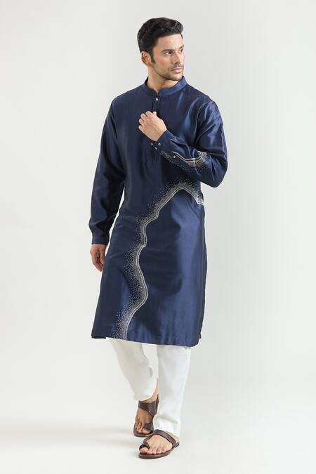 Buy_Countrymade_Blue Chanderi Embroidery Hand Kurta Set _Online_at_Aza_Fashions