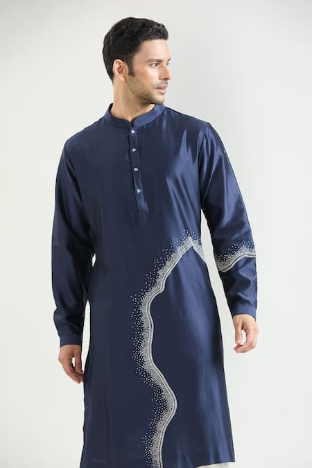 Shop_Countrymade_Blue Chanderi Embroidery Hand Kurta Set _Online_at_Aza_Fashions