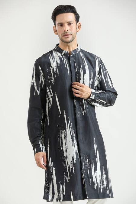 Shop_Countrymade_Black Silk Printed Ikat Pattern Kurta _Online_at_Aza_Fashions