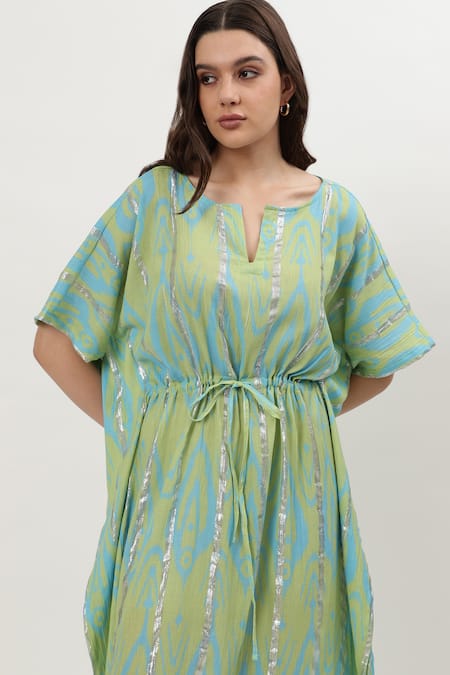 Musal Green Cotton, Crepe Round Neck Kelly Ikat Print Kaftan Online at Aza Fashions Musal_Green Cotton, Crepe Round Neck Kelly Ikat Print Kaftan_Online_at_Aza_Fashions