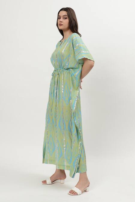 Buy Musal Green Cotton, Crepe Round Neck Kelly Ikat Print Kaftan Online at Aza Fashions Buy_Musal_Green Cotton, Crepe Round Neck Kelly Ikat Print Kaftan_Online_at_Aza_Fashions