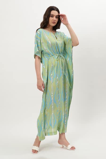 Shop Musal Green Cotton, Crepe Round Neck Kelly Ikat Print Kaftan Online at Aza Fashions Shop_Musal_Green Cotton, Crepe Round Neck Kelly Ikat Print Kaftan_Online_at_Aza_Fashions