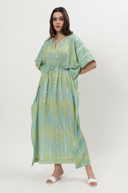 Musal Green Cotton, Crepe Round Neck Kelly Ikat Print Kaftan at Aza Fashions Musal_Green Cotton, Crepe Round Neck Kelly Ikat Print Kaftan_at_Aza_Fashions