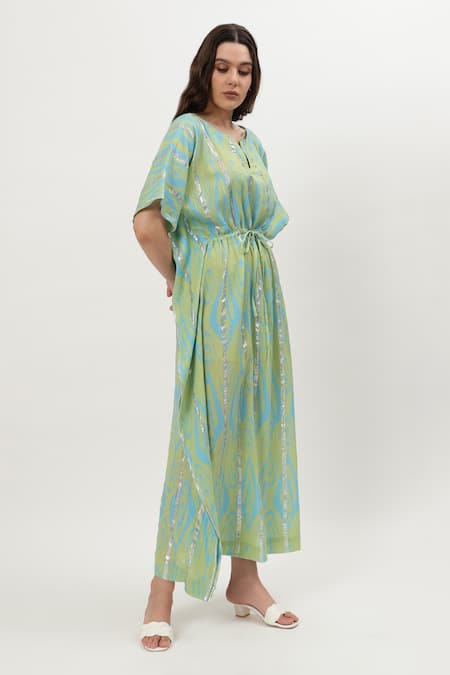 Buy Musal Green Cotton, Crepe Round Neck Kelly Ikat Print Kaftan Buy_Musal_Green Cotton, Crepe Round Neck Kelly Ikat Print Kaftan