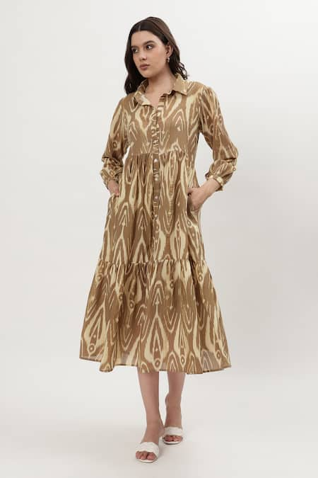 Musal Brown Cotton Crepe Print Ikat Collared Neck Ariana Dress 