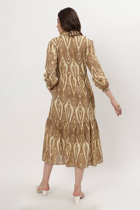 Shop Musal Brown Cotton, Crepe Collared Ariana Ikat Print Dress at Aza Fashions Shop_Musal_Brown Cotton, Crepe Collared Ariana Ikat Print Dress_at_Aza_Fashions