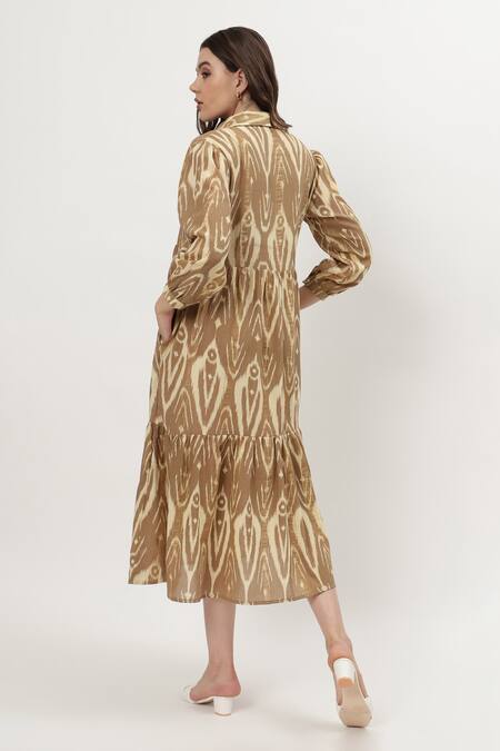 Musal Brown Cotton, Crepe Collared Ariana Ikat Print Dress Online at Aza Fashions Musal_Brown Cotton, Crepe Collared Ariana Ikat Print Dress_Online_at_Aza_Fashions