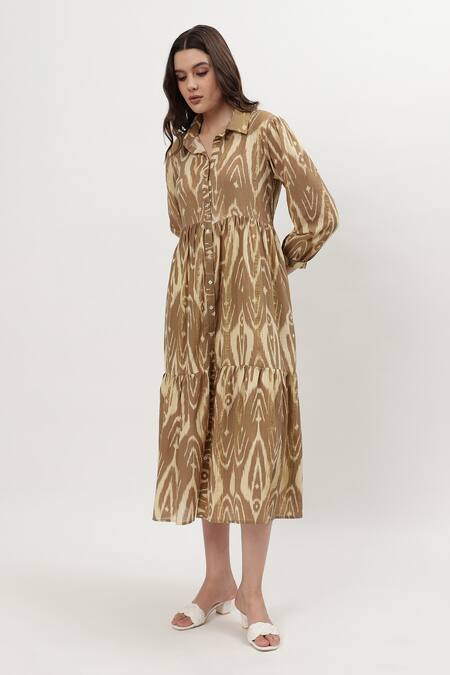 Buy Musal Brown Cotton, Crepe Collared Ariana Ikat Print Dress Online at Aza Fashions Buy_Musal_Brown Cotton, Crepe Collared Ariana Ikat Print Dress_Online_at_Aza_Fashions