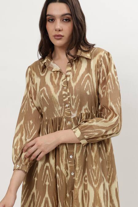 Shop Musal Brown Cotton, Crepe Collared Ariana Ikat Print Dress Online at Aza Fashions Shop_Musal_Brown Cotton, Crepe Collared Ariana Ikat Print Dress_Online_at_Aza_Fashions