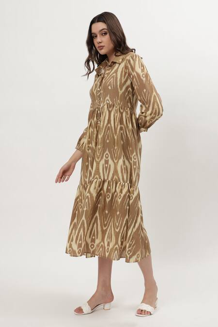 Buy Musal Brown Cotton, Crepe Collared Ariana Ikat Print Dress Buy_Musal_Brown Cotton, Crepe Collared Ariana Ikat Print Dress