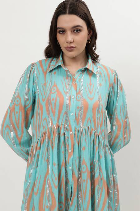 Musal_Blue Cotton, Crepe Collared Norah Ikat Print Dress _Online_at_Aza_Fashions