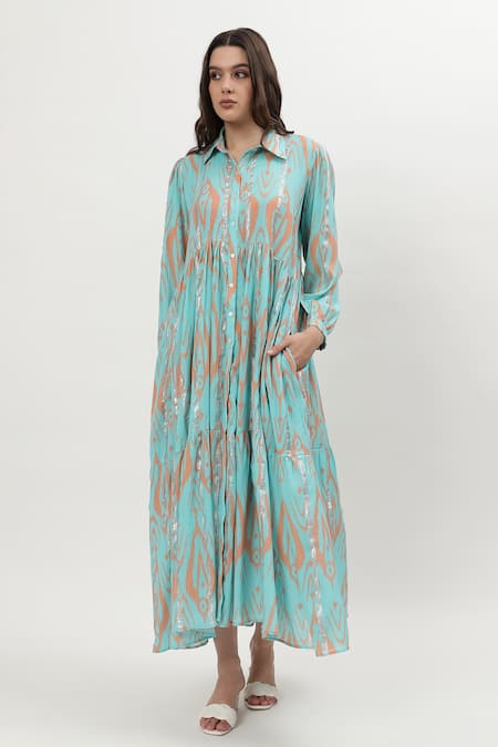 Buy_Musal_Blue Cotton, Crepe Collared Norah Ikat Print Dress _Online_at_Aza_Fashions
