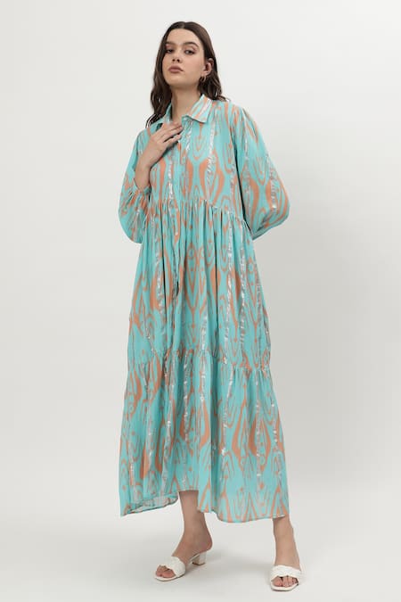 Shop_Musal_Blue Cotton, Crepe Collared Norah Ikat Print Dress _Online_at_Aza_Fashions