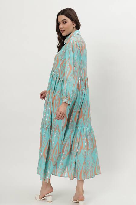 Musal_Blue Cotton, Crepe Collared Norah Ikat Print Dress _at_Aza_Fashions