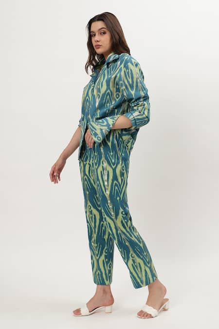 Musal_Blue Cotton Embroidery Collared Chrisette Ikat Print Shirt With Pant _Online_at_Aza_Fashions