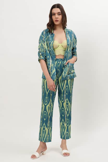 Buy_Musal_Blue Cotton Embroidery Collared Chrisette Ikat Print Shirt With Pant _Online_at_Aza_Fashions