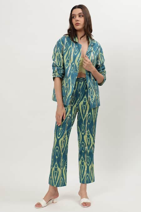 Shop_Musal_Blue Cotton Embroidery Collared Chrisette Ikat Print Shirt With Pant _Online_at_Aza_Fashions