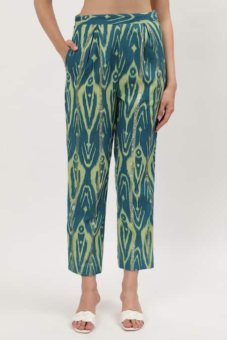 Musal_Blue Cotton Embroidery Collared Chrisette Ikat Print Shirt With Pant _at_Aza_Fashions