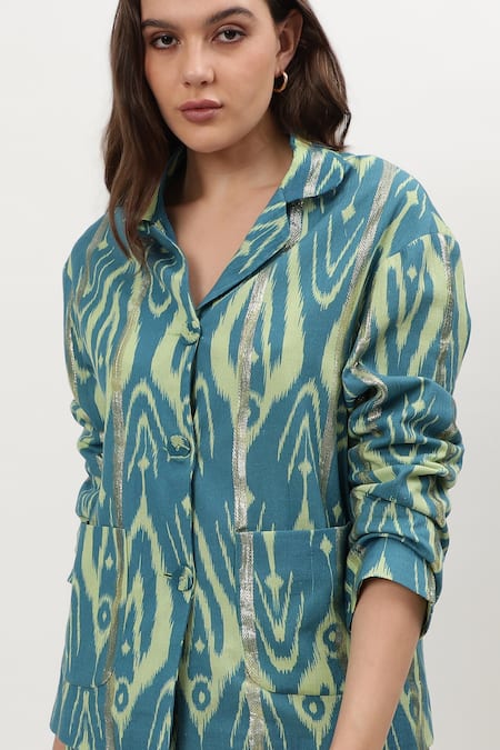 Shop_Musal_Blue Cotton Embroidery Collared Chrisette Ikat Print Shirt With Pant 