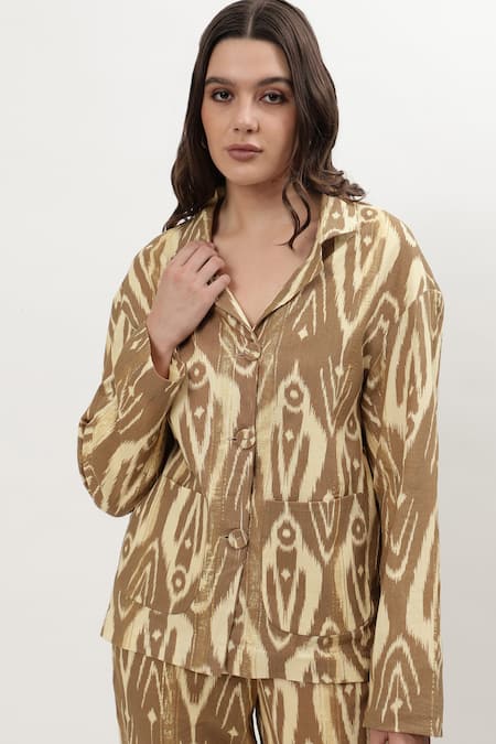 Musal_Brown Cotton, Crepe Collared Sheryl Ikat Print Shirt With Pant _Online_at_Aza_Fashions