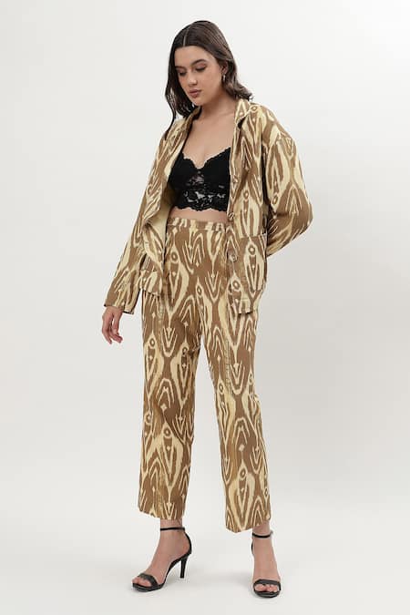Buy_Musal_Brown Cotton, Crepe Collared Sheryl Ikat Print Shirt With Pant _Online_at_Aza_Fashions