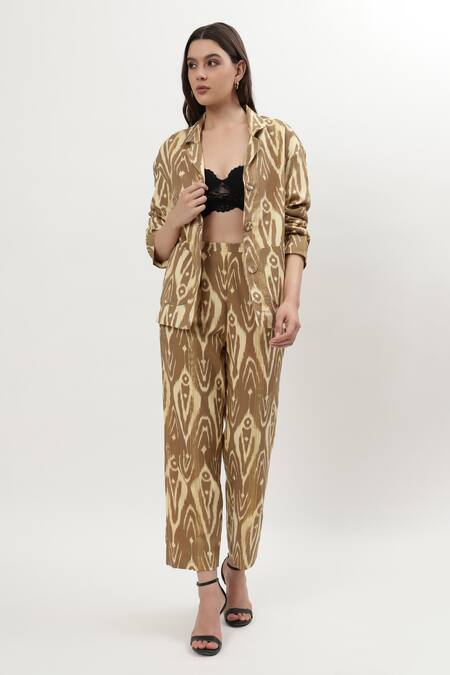 Shop_Musal_Brown Cotton, Crepe Collared Sheryl Ikat Print Shirt With Pant _Online_at_Aza_Fashions