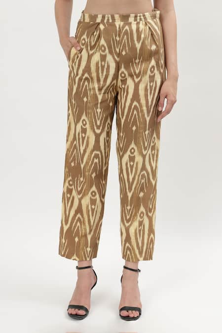 Musal_Brown Cotton, Crepe Collared Sheryl Ikat Print Shirt With Pant _at_Aza_Fashions