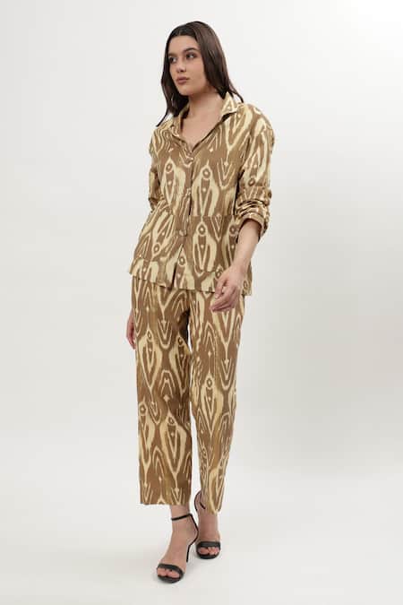 Buy_Musal_Brown Cotton, Crepe Collared Sheryl Ikat Print Shirt With Pant 