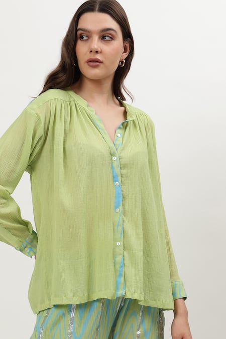 Musal_Green Cotton, Crepe Collared Amy Placement Print Shirt _Online_at_Aza_Fashions
