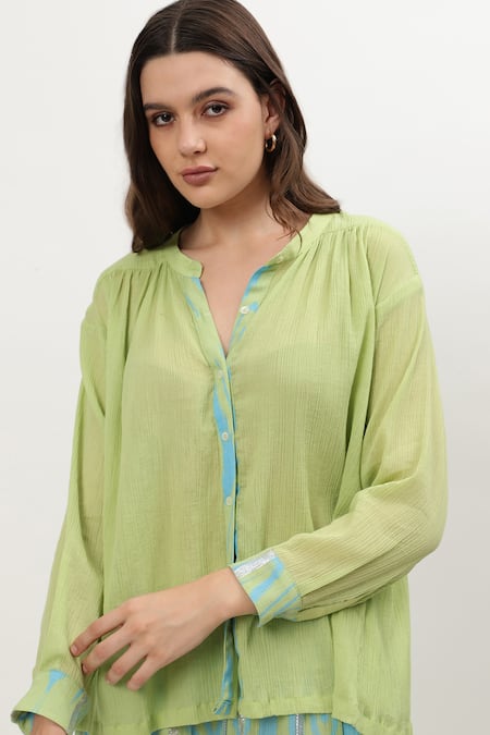 Shop_Musal_Green Cotton, Crepe Collared Amy Placement Print Shirt _Online_at_Aza_Fashions