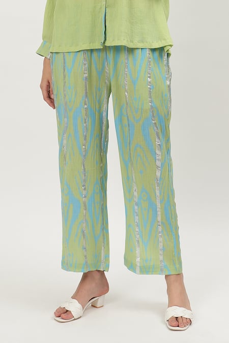 Musal_Green Cotton, Crepe Collared Amy Placement Print Shirt _at_Aza_Fashions