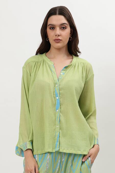 Musal_Green Cotton Collared Hilary Placement Print Shirt With Pant_Online_at_Aza_Fashions