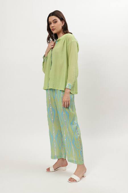 Shop_Musal_Green Cotton Collared Hilary Placement Print Shirt With Pant_Online_at_Aza_Fashions