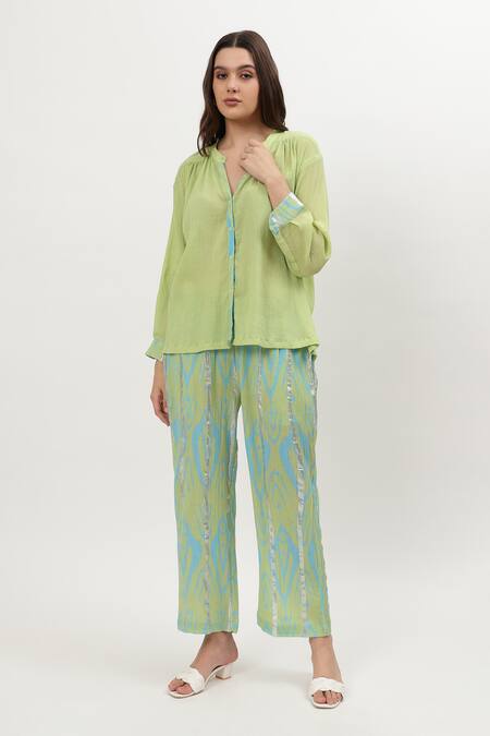 Musal_Green Cotton Collared Hilary Placement Print Shirt With Pant_at_Aza_Fashions