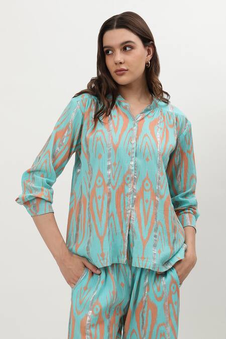 Buy_Musal_Blue Cotton Embroidery Collared Celine Ikat Print Shirt _Online_at_Aza_Fashions