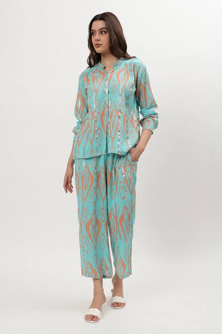 Musal_Blue Cotton Embroidery Collared Carrie Ikat Print Shirt With Pant_Online_at_Aza_Fashions