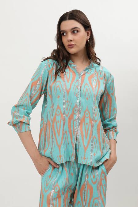 Musal_Blue Cotton Embroidery Collared Carrie Ikat Print Shirt With Pant_at_Aza_Fashions