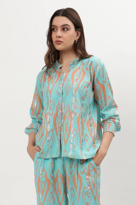 Buy_Musal_Blue Cotton Embroidery Collared Carrie Ikat Print Shirt With Pant