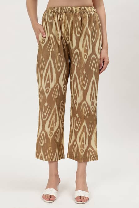 Shop_Musal_Brown Cotton Mandarin Collar Fiona Ikat Print Kurta With Pant _Online_at_Aza_Fashions