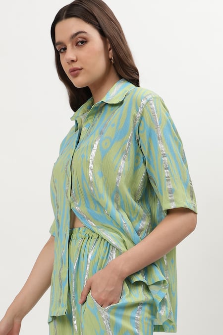 Musal_Green Cotton Collared Janet Ikat Print Shirt _Online_at_Aza_Fashions