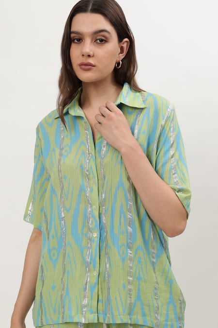 Shop_Musal_Green Cotton Collared Janet Ikat Print Shirt _Online_at_Aza_Fashions