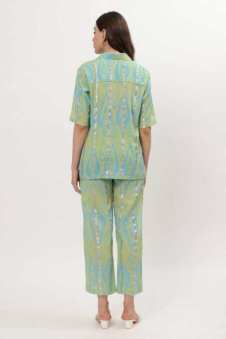 Shop Musal Green Cotton Embroidery Collared Nicole Ikat Print Shirt With Pant at Aza Fashions Shop_Musal_Green Cotton Embroidery Collared Nicole Ikat Print Shirt With Pant_at_Aza_Fashions