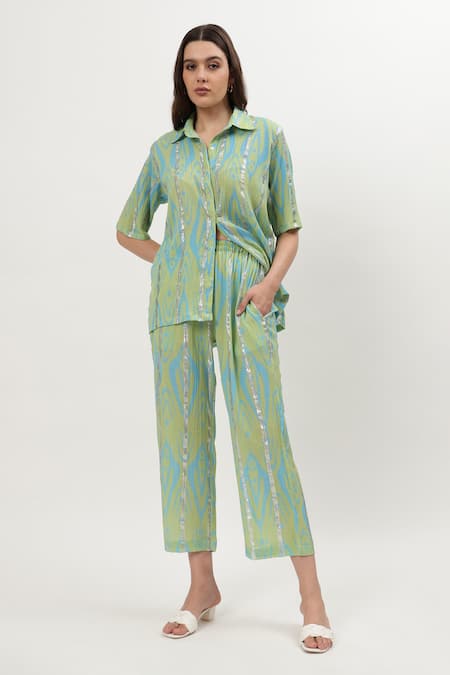 Musal Green Cotton Embroidery Collared Nicole Ikat Print Shirt With Pant Online at Aza Fashions Musal_Green Cotton Embroidery Collared Nicole Ikat Print Shirt With Pant_Online_at_Aza_Fashions