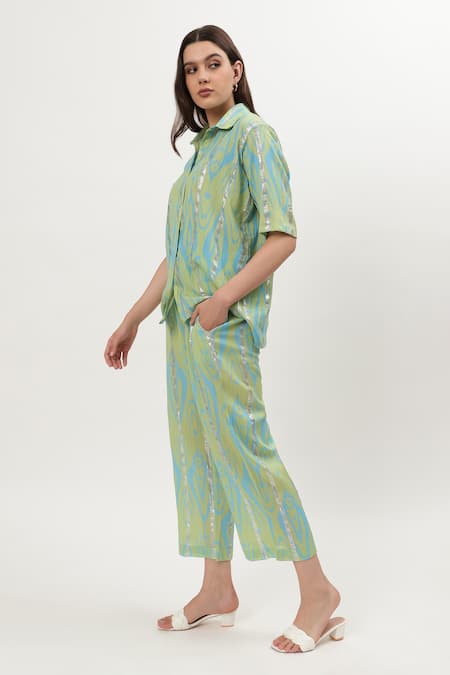 Buy Musal Green Cotton Embroidery Collared Nicole Ikat Print Shirt With Pant Online at Aza Fashions Buy_Musal_Green Cotton Embroidery Collared Nicole Ikat Print Shirt With Pant_Online_at_Aza_Fashions