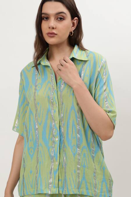 Shop Musal Green Cotton Embroidery Collared Nicole Ikat Print Shirt With Pant Online at Aza Fashions Shop_Musal_Green Cotton Embroidery Collared Nicole Ikat Print Shirt With Pant_Online_at_Aza_Fashions