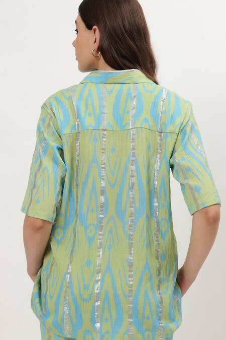 Musal Green Cotton Embroidery Collared Nicole Ikat Print Shirt With Pant at Aza Fashions Musal_Green Cotton Embroidery Collared Nicole Ikat Print Shirt With Pant_at_Aza_Fashions