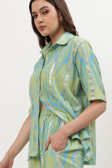 Buy Musal Green Cotton Embroidery Collared Nicole Ikat Print Shirt With Pant Buy_Musal_Green Cotton Embroidery Collared Nicole Ikat Print Shirt With Pant