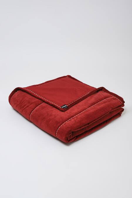 Abraham And Thakore_Maroon Cotton Velvet Embroidery Stab Stitch Bed Spread_at_Aza_Fashions